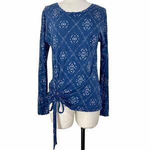 Lucky Brand blue bandana tie front top women's small long sleeve round neck